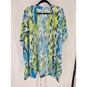 Chico's Blue, Lime & White Patterned Open Front Sweater